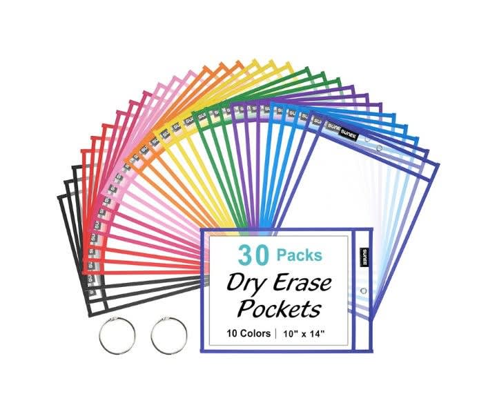SUNEE 30-Pack Oversized Dry Erase Pocket Sleeves, 10 Colors product review