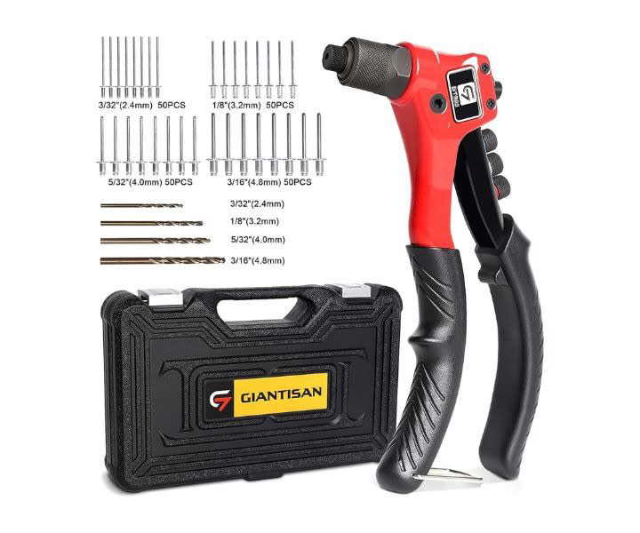 Rivet Gun, GIANTISAN Pop Rivet Tool Kit with 200 Rivets and 4 Drill Bits, Manual Hand Kit product review