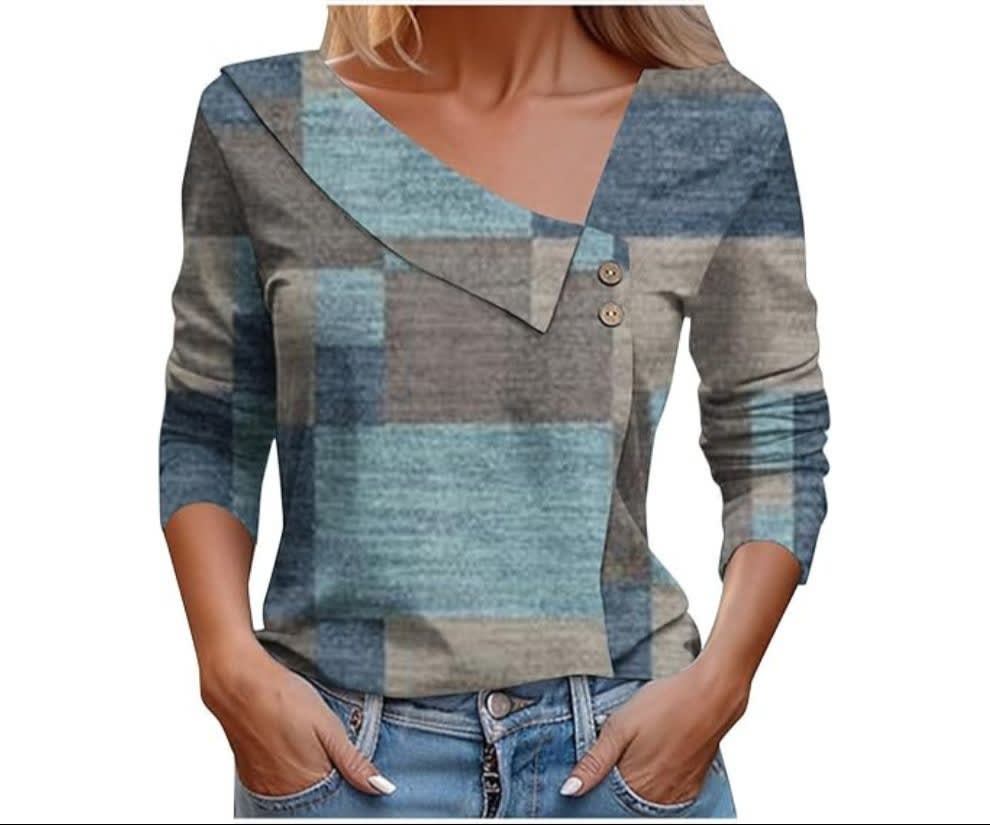 Women's Spring 2024 Long Sleeve V-Neck Plaid Button Tunic Blouse product review